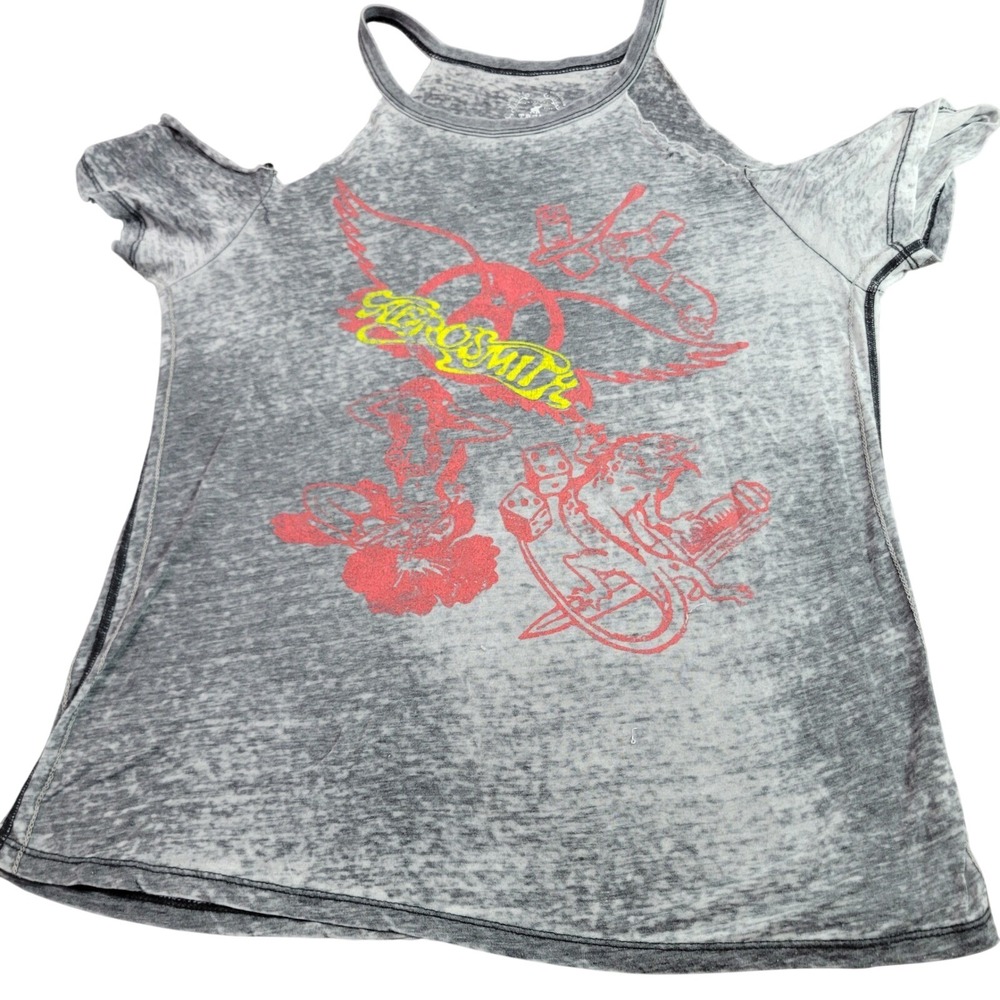 Trunk Ltd Aerosmith Permanent Vacation Cold Shoulder Graphic Tee Grey Large